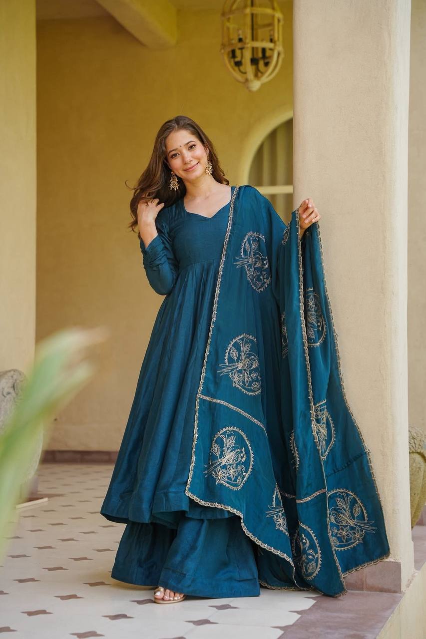 Premium Heavy Vichitra Silk 3 Piece Anarkali Suit Set with Palazzo