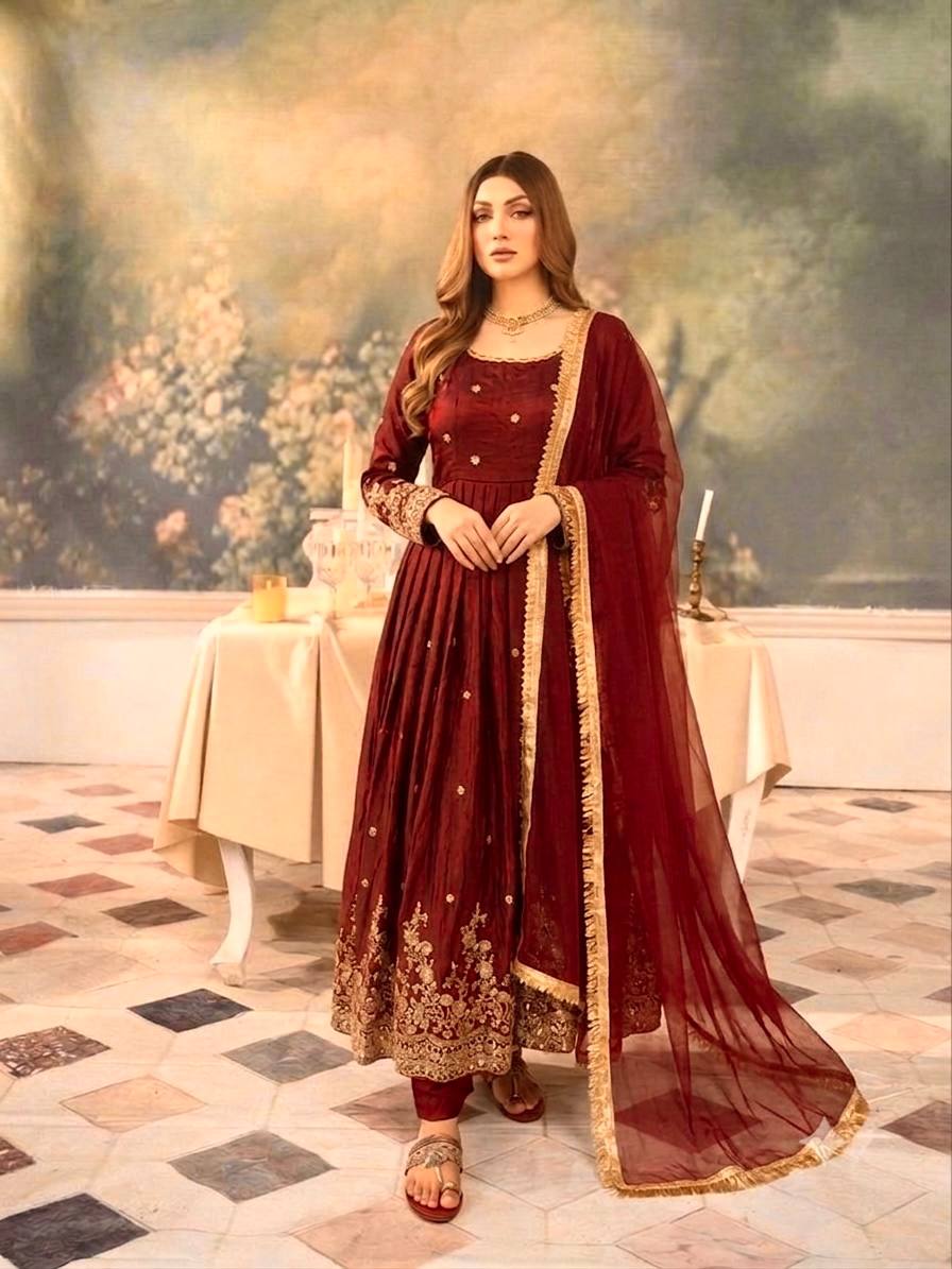 Premium Fendy Silk Gown Set with Sequin Embroidery & Dupatta