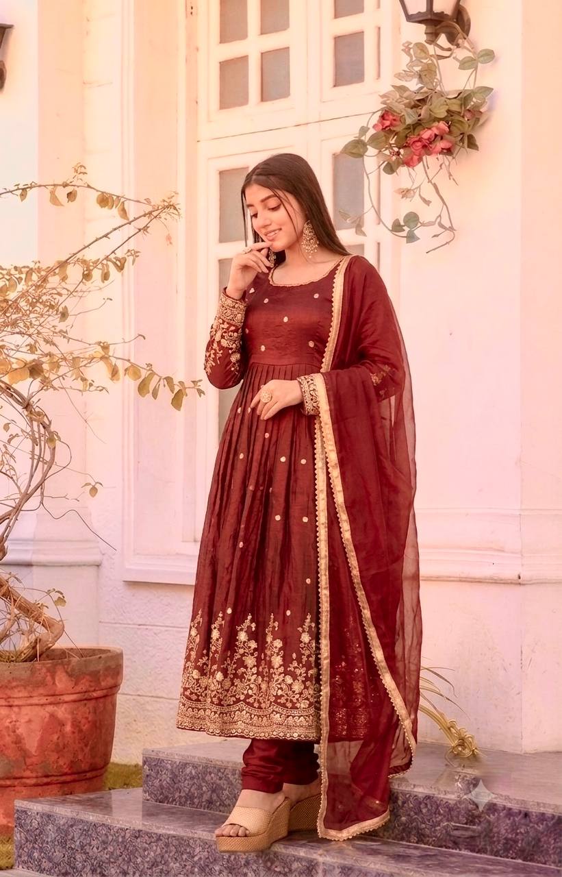Premium Fendy Silk Gown Set with Sequin Embroidery & Dupatta
