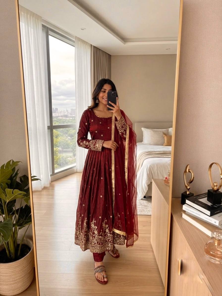 Premium Fendy Silk Gown Set with Sequin Embroidery & Dupatta
