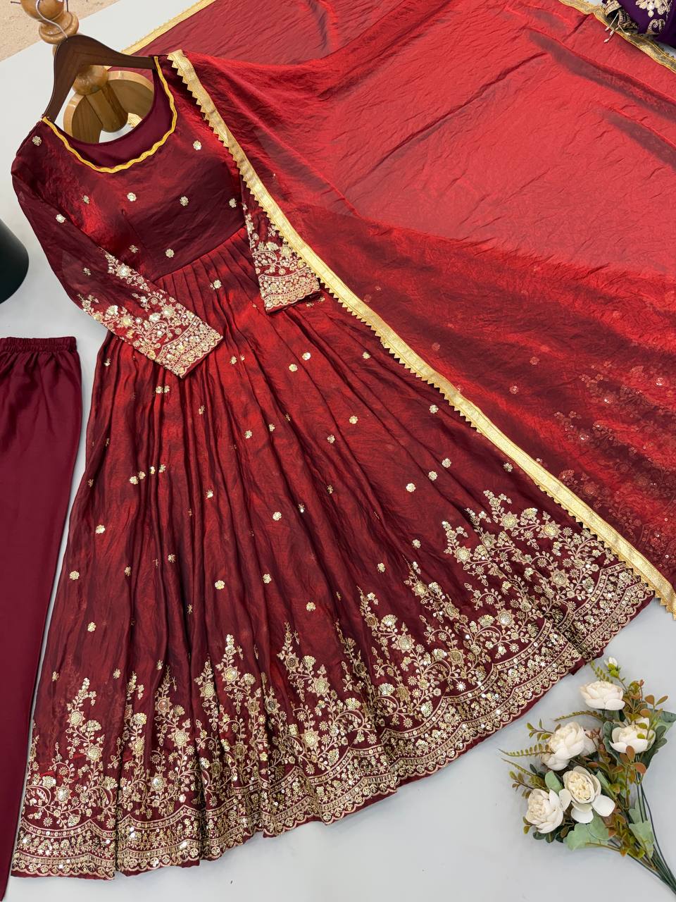 Premium Fendy Silk Gown Set with Sequin Embroidery & Dupatta