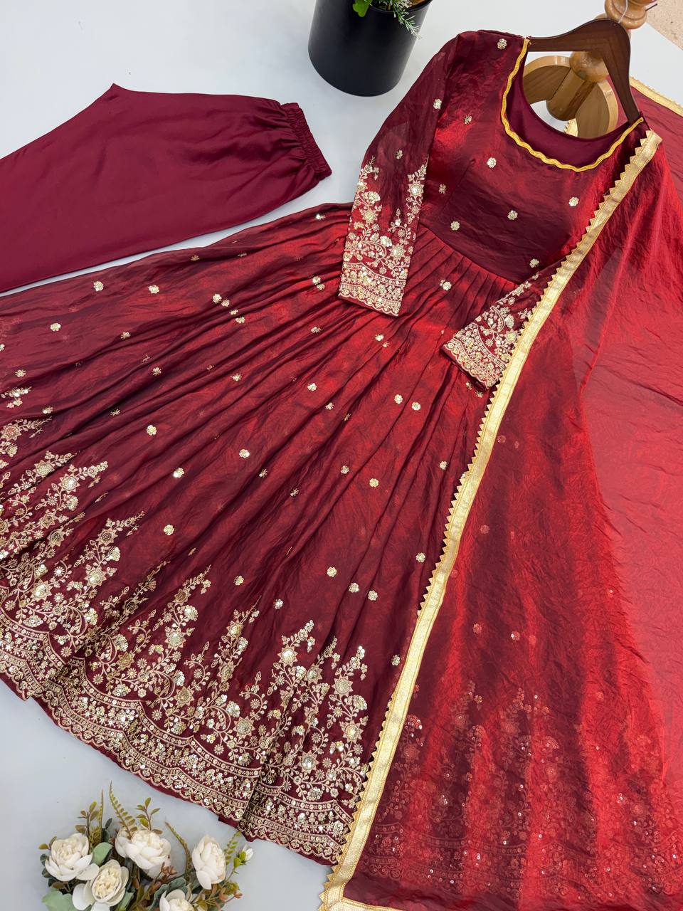 Premium Fendy Silk Gown Set with Sequin Embroidery & Dupatta