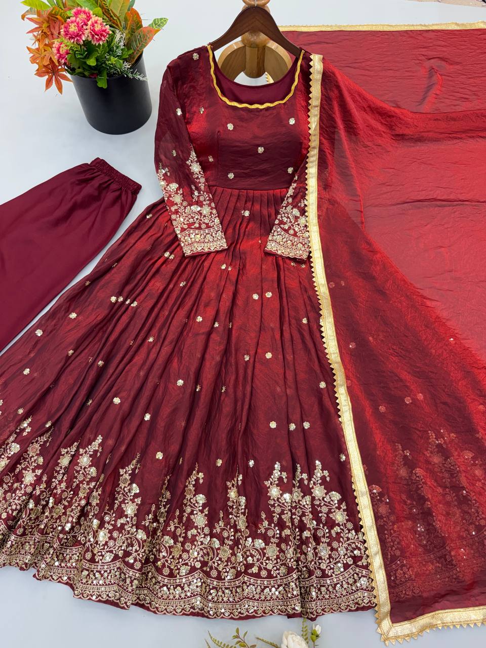 Premium Fendy Silk Gown Set with Sequin Embroidery & Dupatta