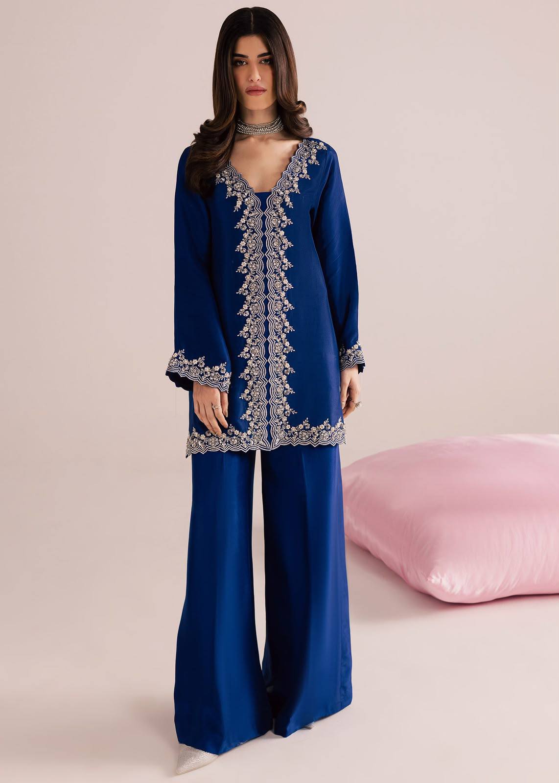 Premium MOS Satin Kurti Palazzo Set with Sequence & Zari Embroidery