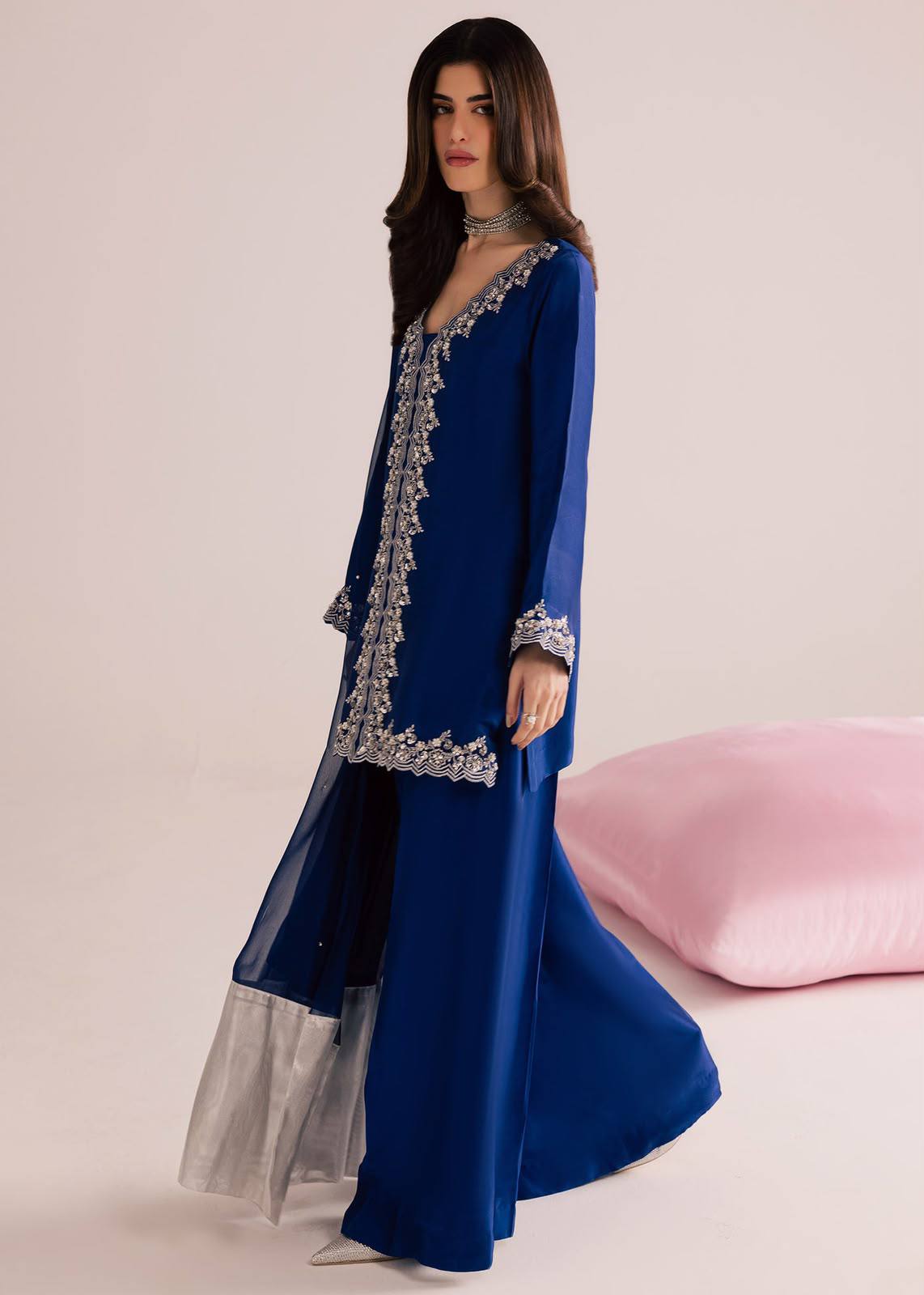 Premium MOS Satin Kurti Palazzo Set with Sequence & Zari Embroidery