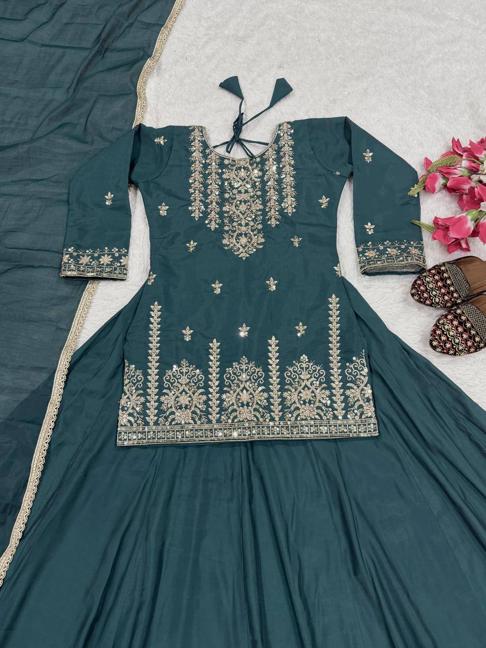 Elegant Roman Cotton Lehenga with Embroidered Top & 4 Meter Flair