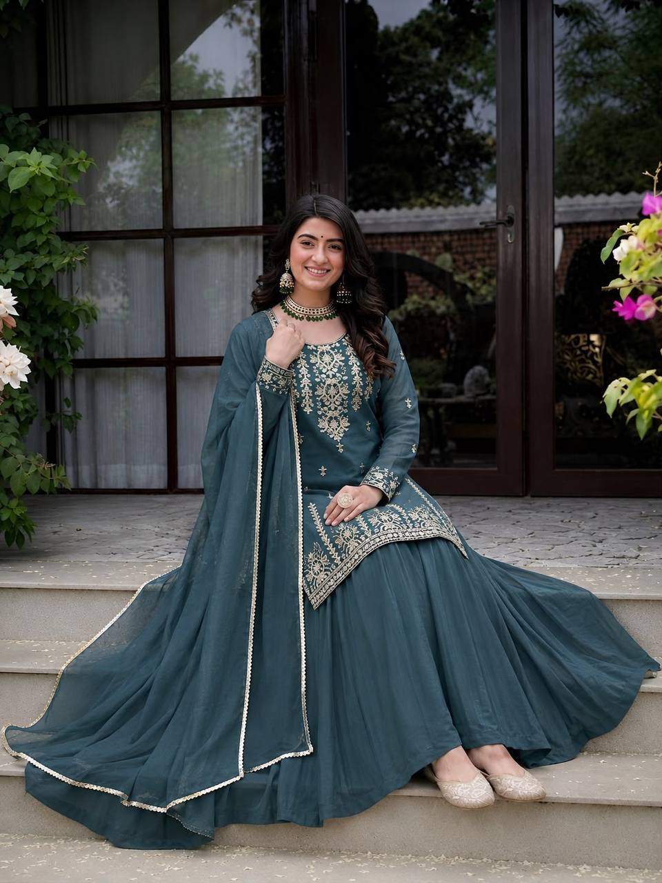 Elegant Roman Cotton Lehenga with Embroidered Top & 4 Meter Flair