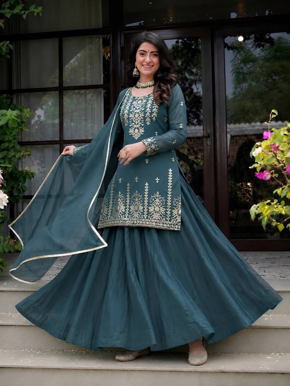 Elegant Roman Cotton Lehenga with Embroidered Top & 4 Meter Flair