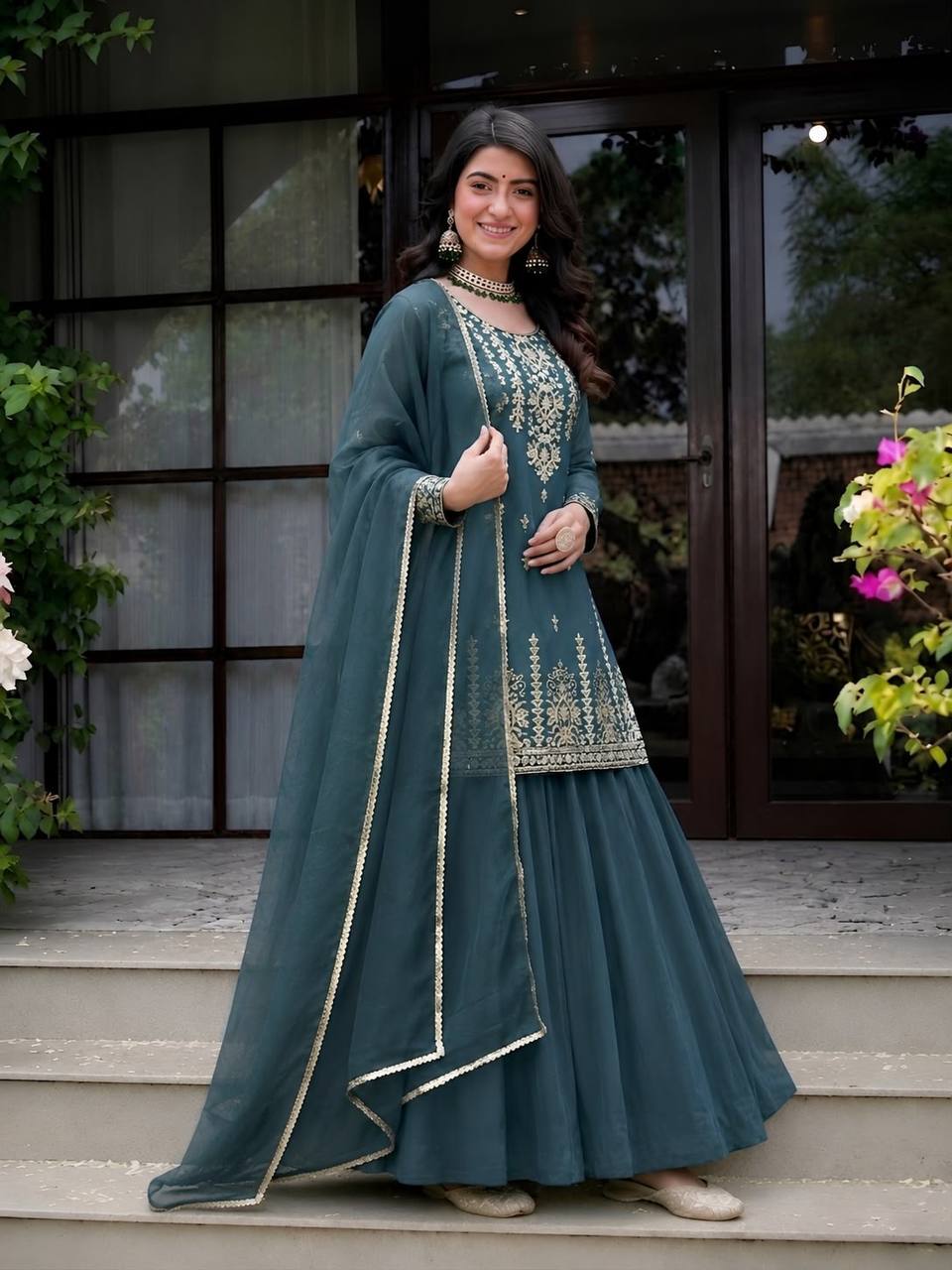 Elegant Roman Cotton Lehenga with Embroidered Top & 4 Meter Flair