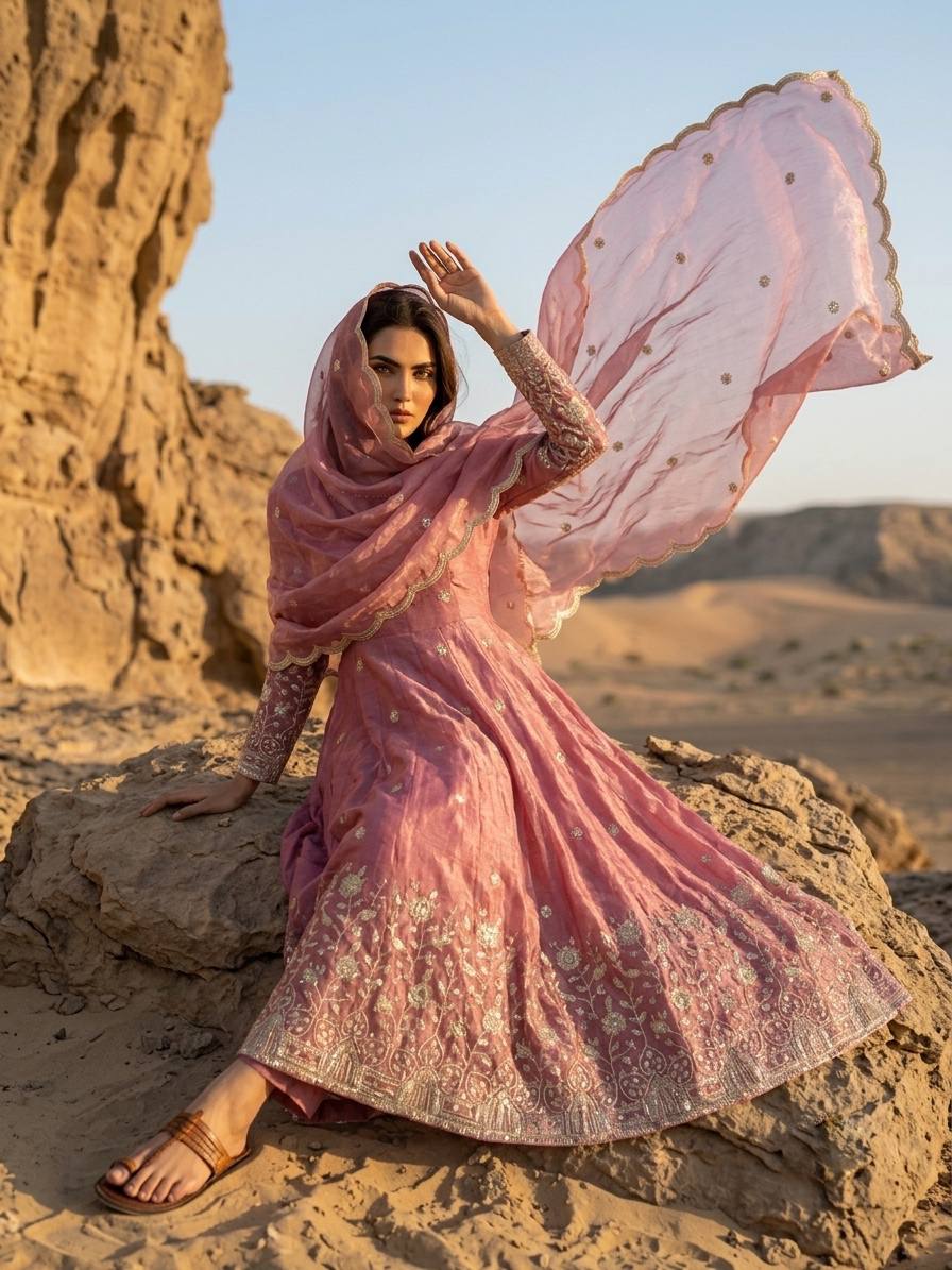Designer Party Wear Fendy Silk Gown with Pant & Embroidered Dupatta