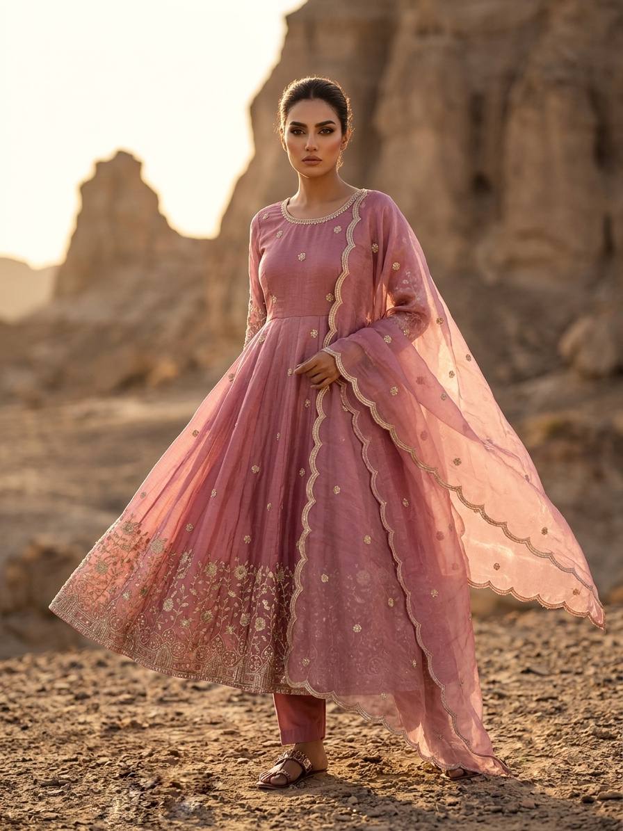 Designer Party Wear Fendy Silk Gown with Pant & Embroidered Dupatta