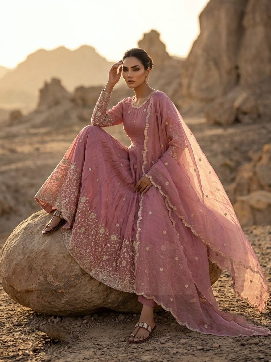 Designer Party Wear Fendy Silk Gown with Pant & Embroidered Dupatta