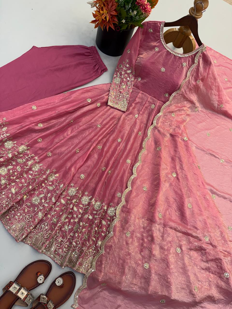 Designer Party Wear Fendy Silk Gown with Pant & Embroidered Dupatta