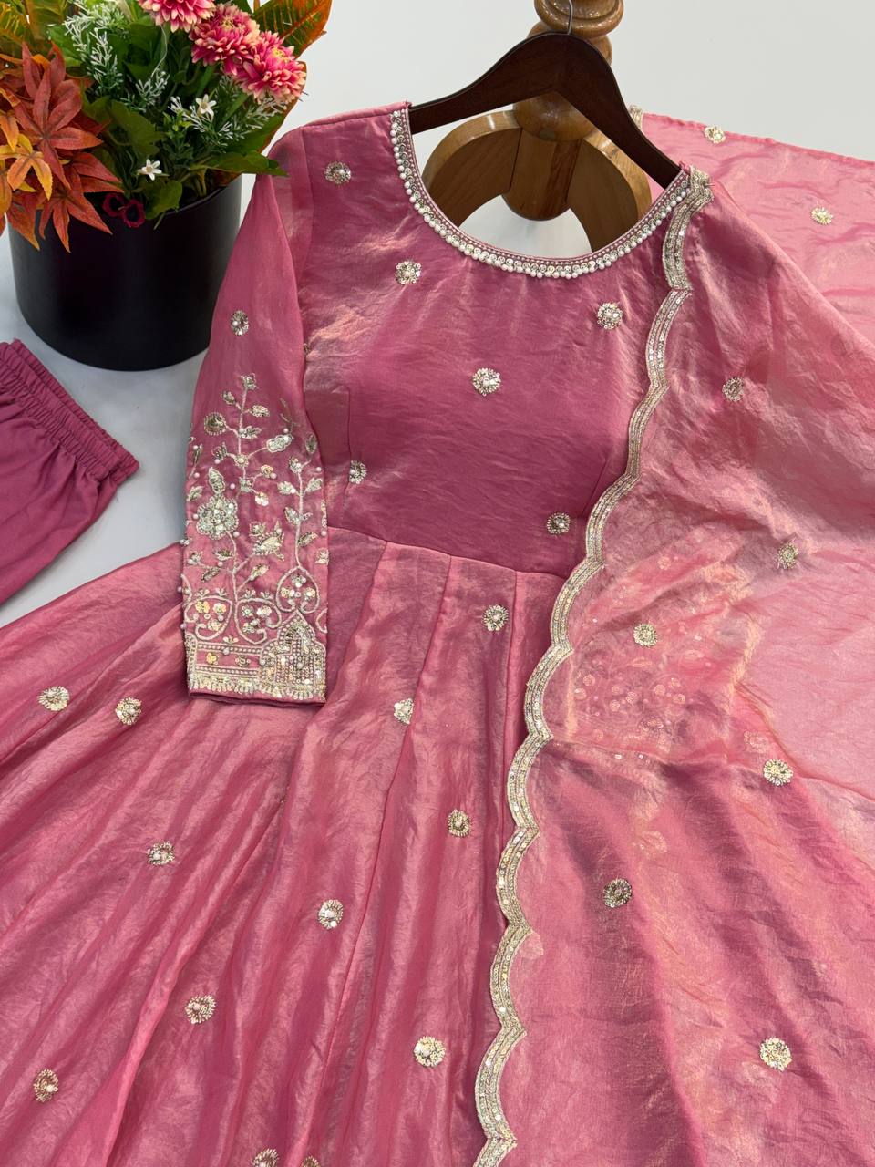 Designer Party Wear Fendy Silk Gown with Pant & Embroidered Dupatta