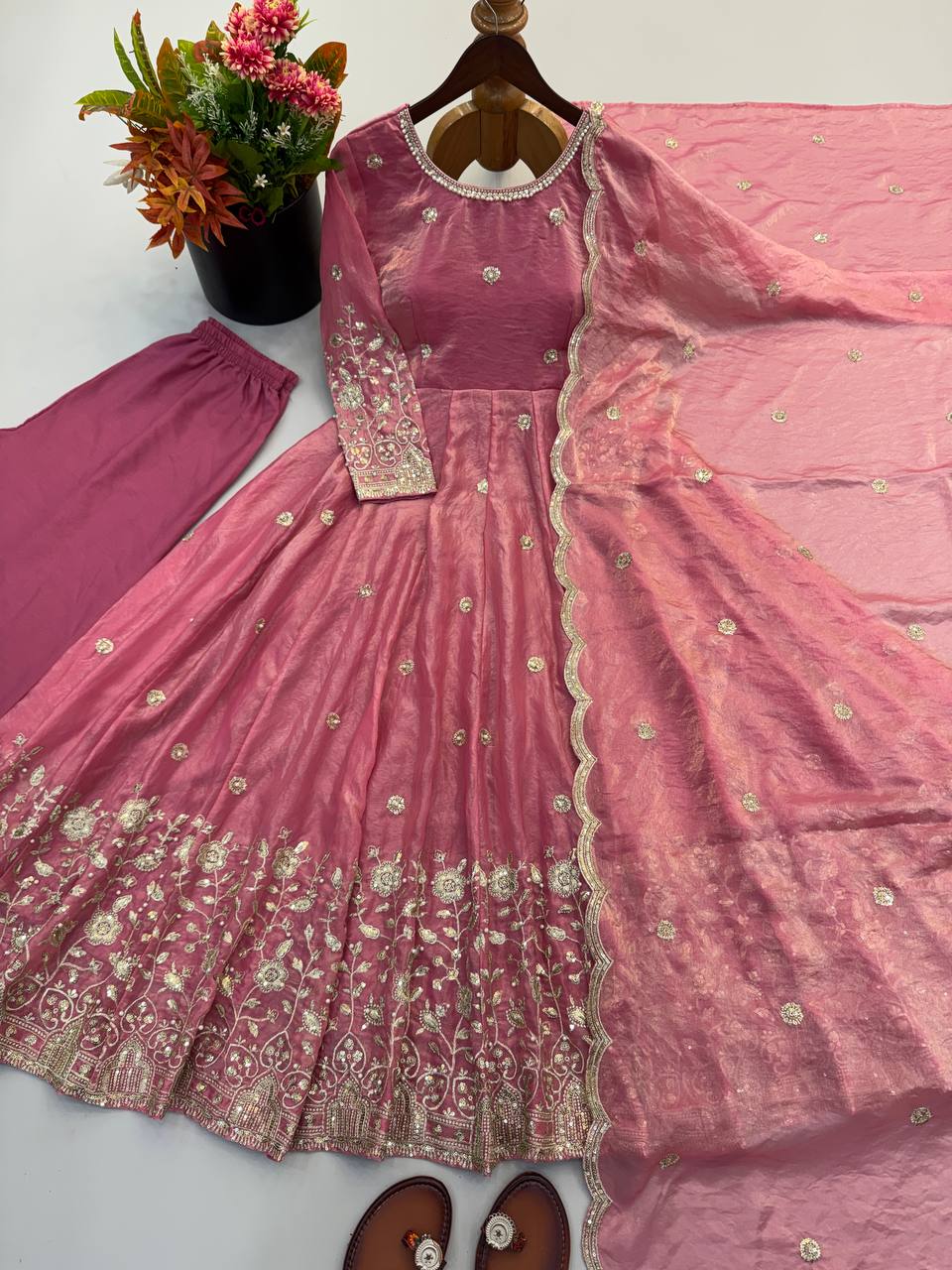 Designer Party Wear Fendy Silk Gown with Pant & Embroidered Dupatta