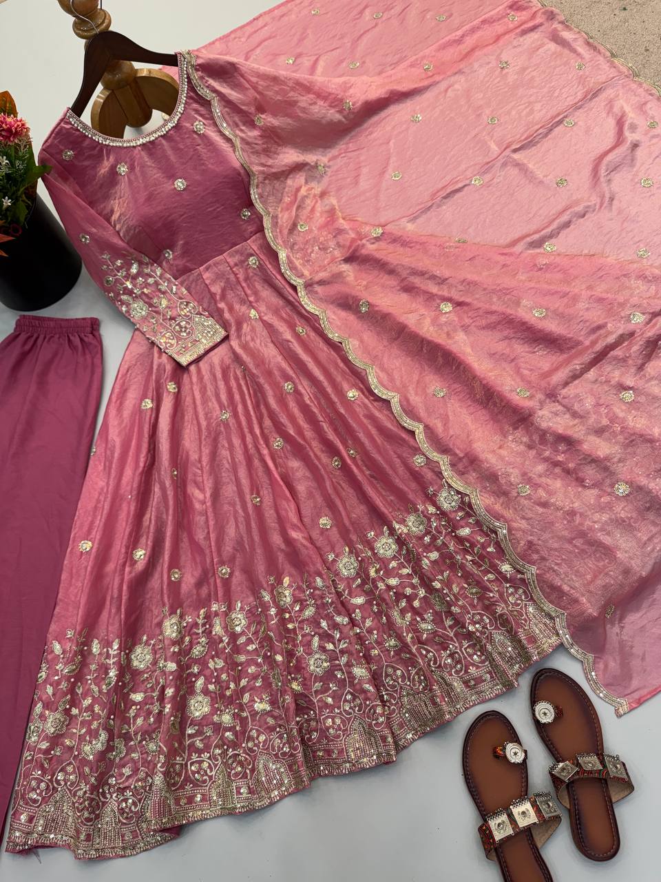 Designer Party Wear Fendy Silk Gown with Pant & Embroidered Dupatta