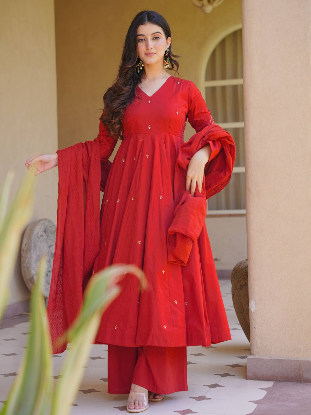 Elegant Embroidered Roman Silk Anarkali Palazzo Suit Set