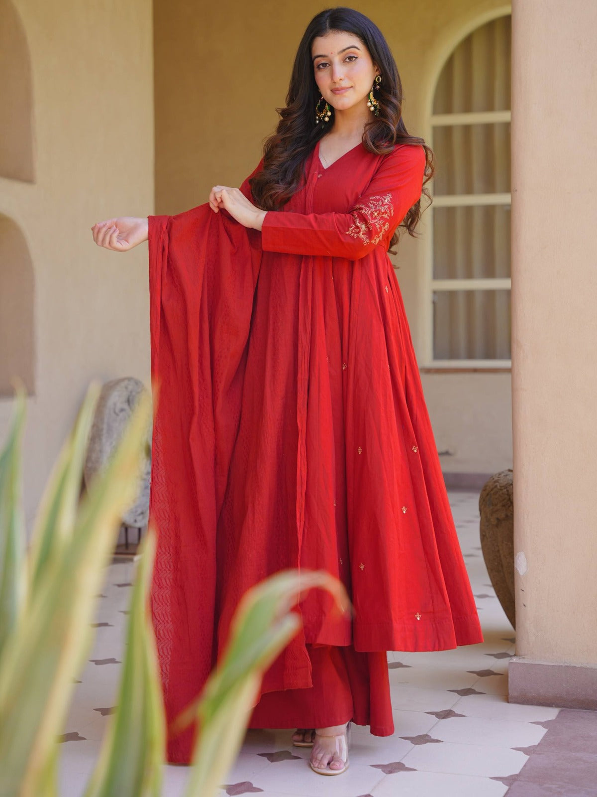 Elegant Embroidered Roman Silk Anarkali Palazzo Suit Set