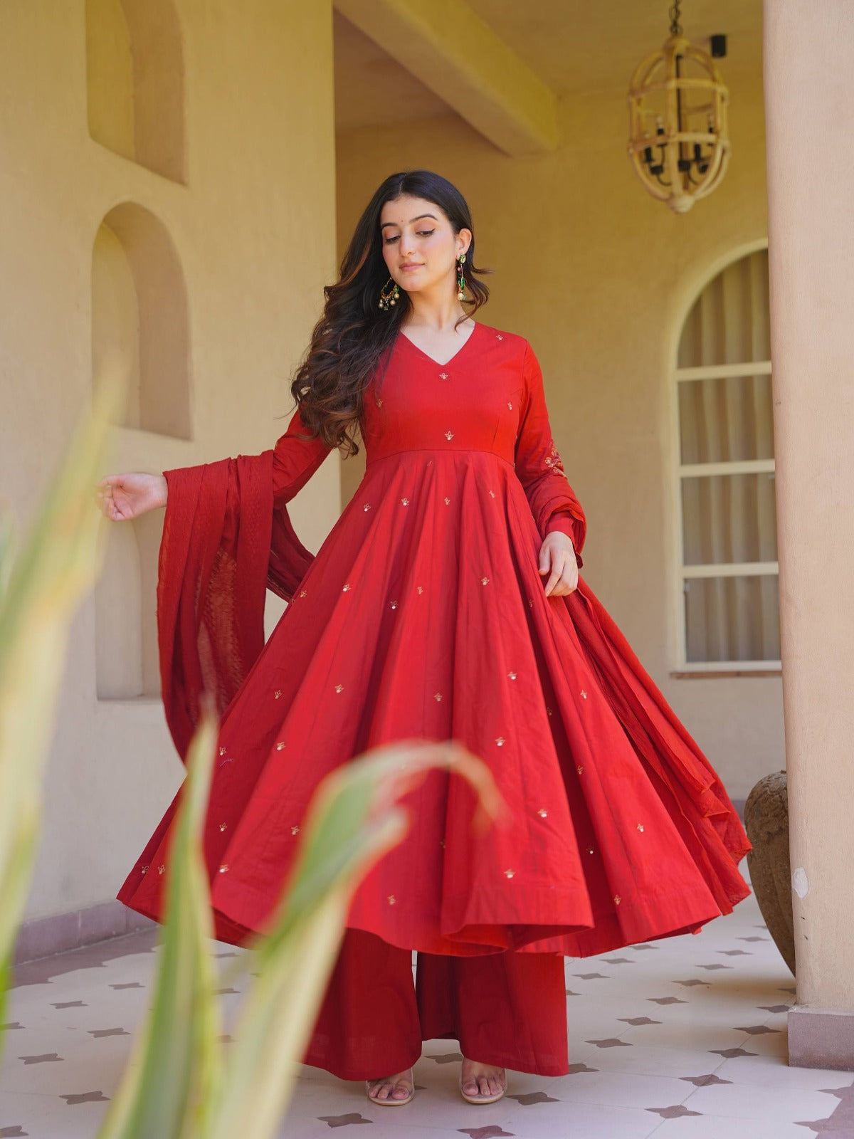 Elegant Embroidered Roman Silk Anarkali Palazzo Suit Set