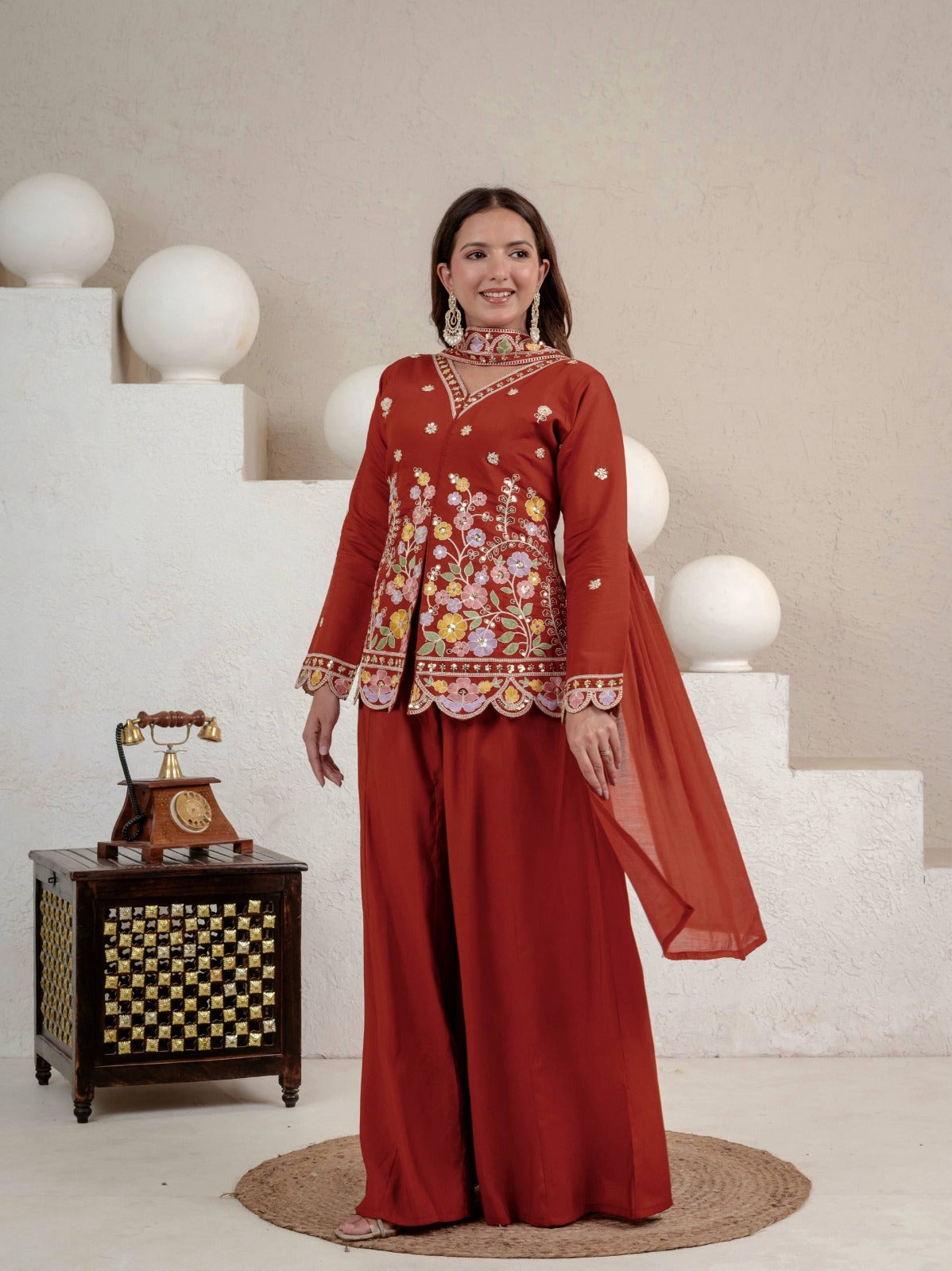 Designer Ready-to-Wear Roman Silk Sharara Set with Sequence Work