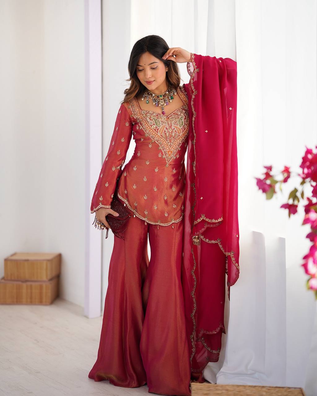 Premium Heavy Simar Silk Kurti Palazzo Set with Embroidery Work
