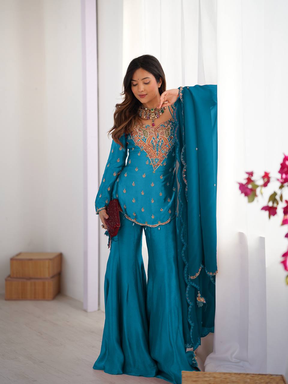 Premium Heavy Simar Silk Kurti Palazzo Set with Embroidery Work