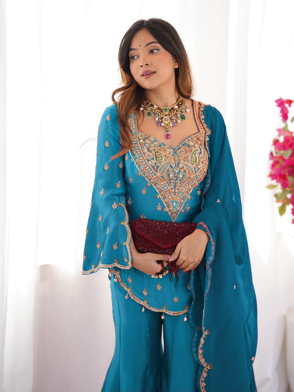 Premium Heavy Simar Silk Kurti Palazzo Set with Embroidery Work