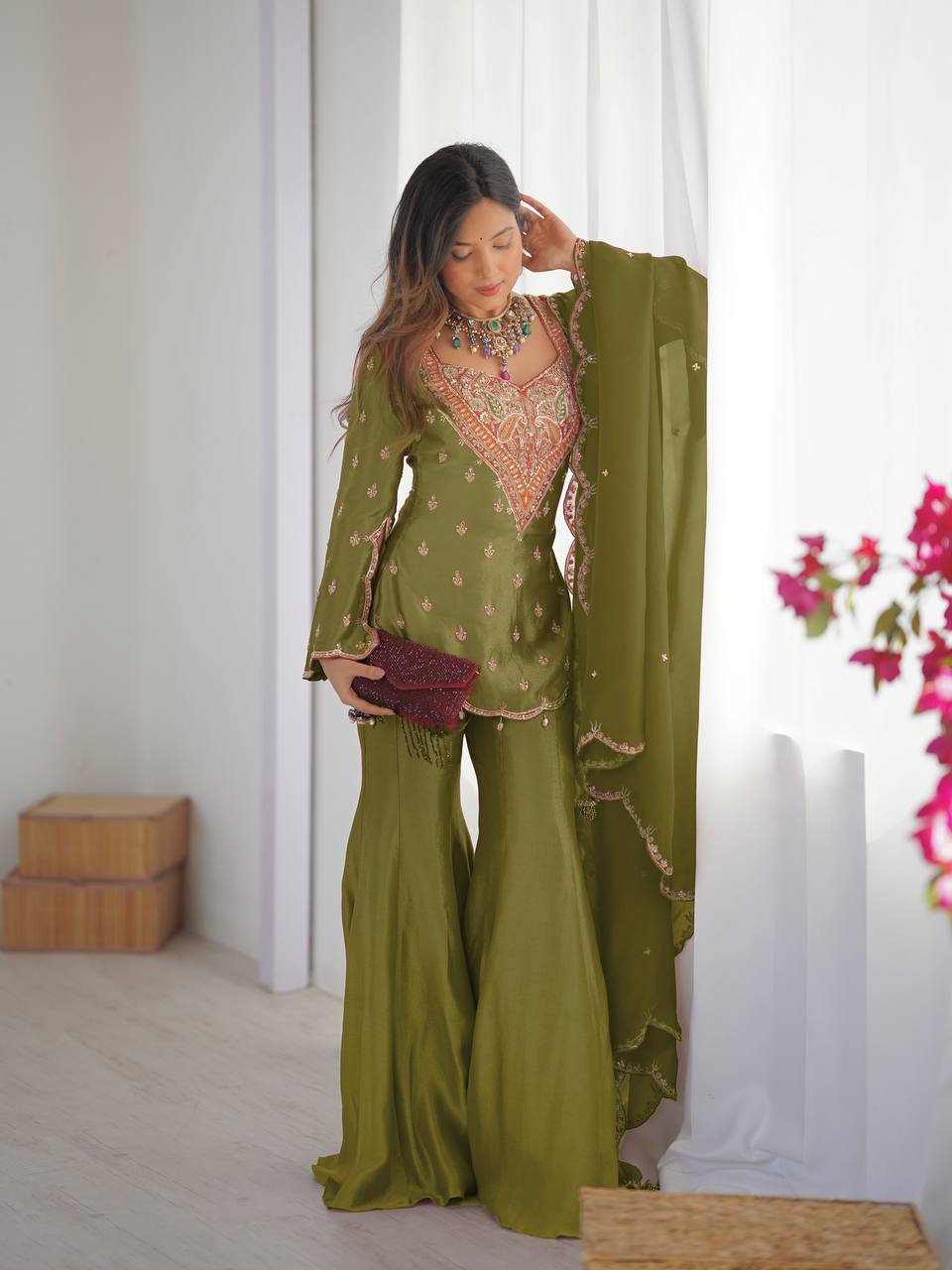 Premium Heavy Simar Silk Kurti Palazzo Set with Embroidery Work