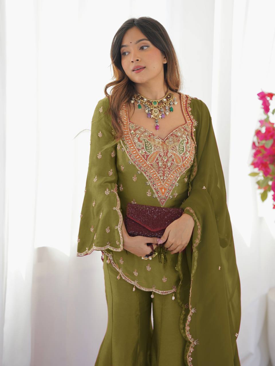 Premium Heavy Simar Silk Kurti Palazzo Set with Embroidery Work