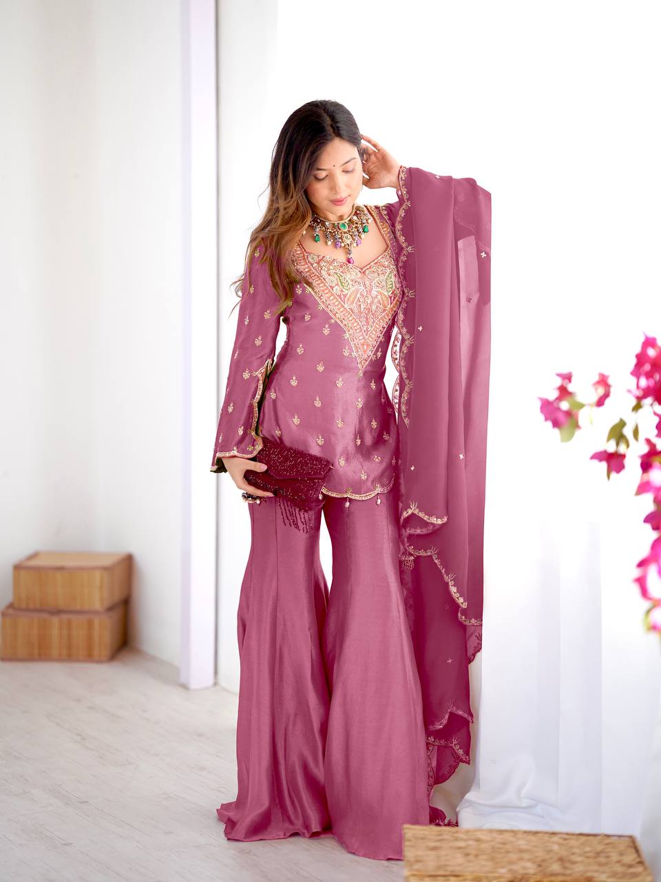 Premium Heavy Simar Silk Kurti Palazzo Set with Embroidery Work