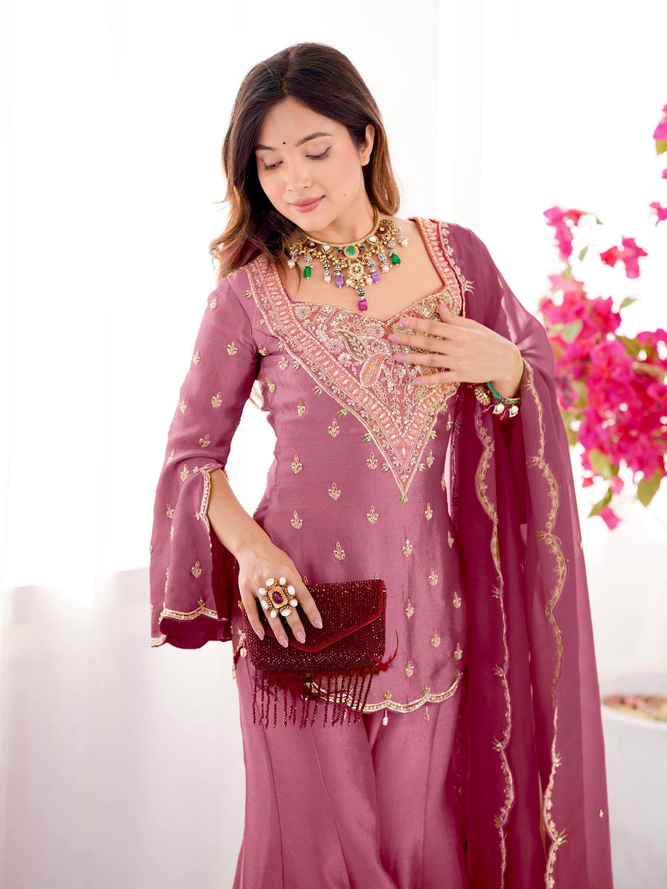 Premium Heavy Simar Silk Kurti Palazzo Set with Embroidery Work