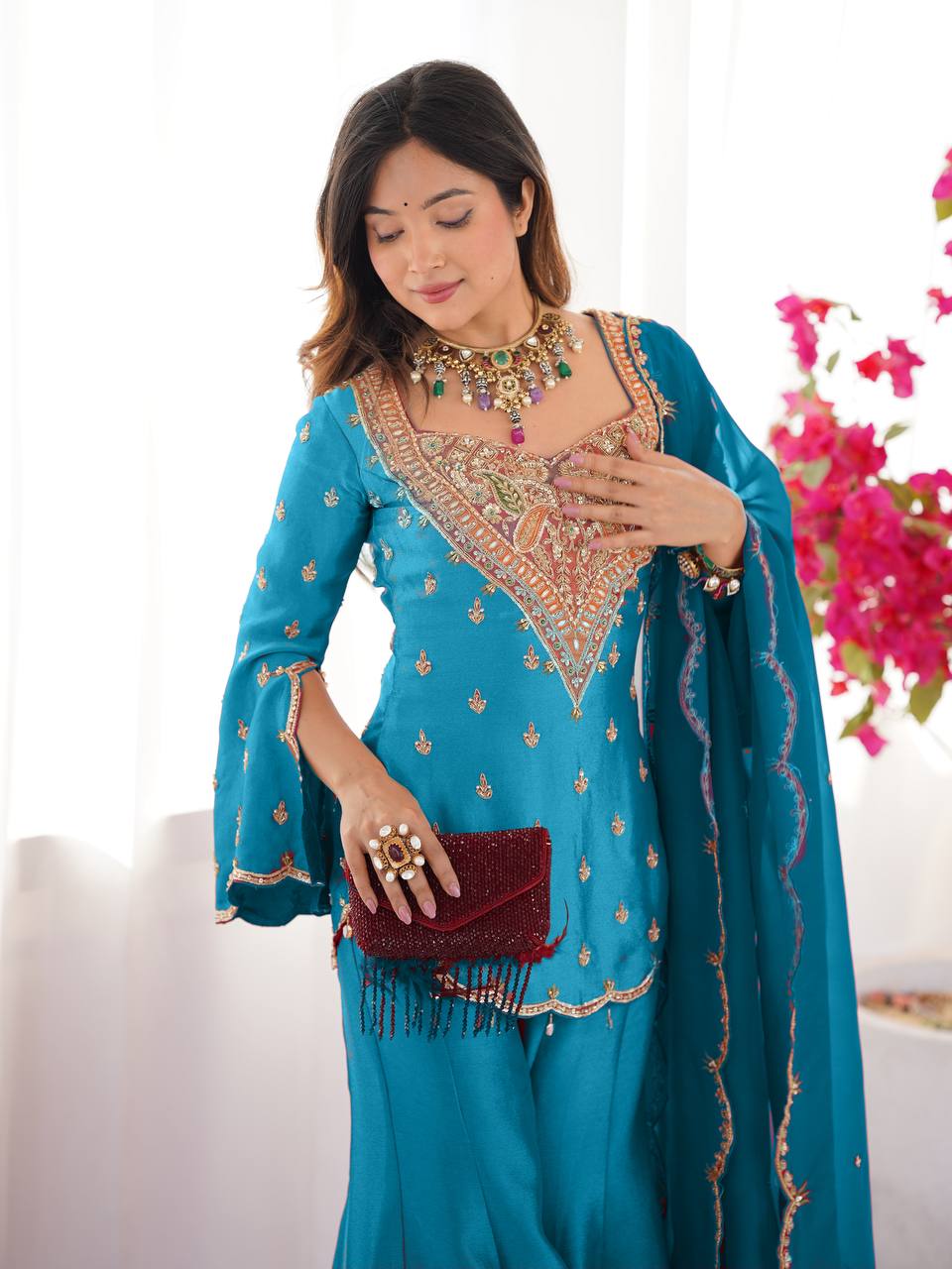 Premium Heavy Simar Silk Kurti Palazzo Set with Embroidery Work