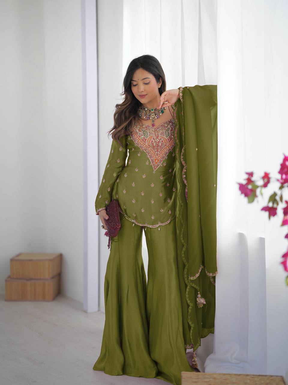 Premium Heavy Simar Silk Kurti Palazzo Set with Embroidery Work