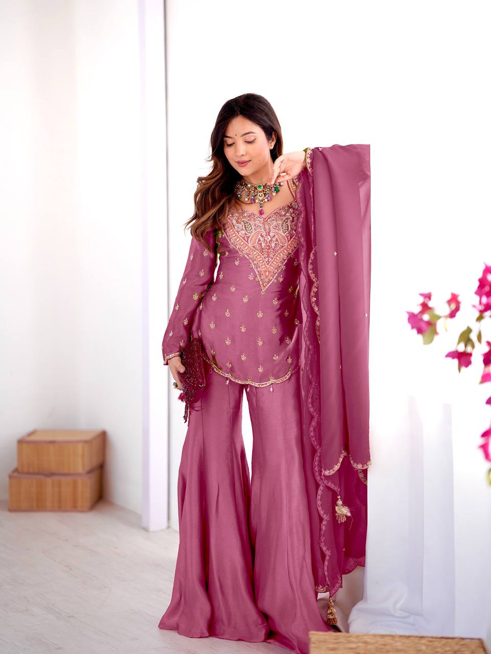 Premium Heavy Simar Silk Kurti Palazzo Set with Embroidery Work