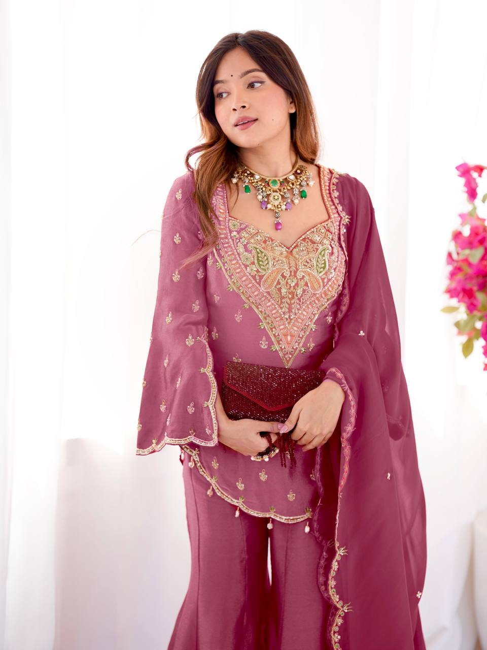 Premium Heavy Simar Silk Kurti Palazzo Set with Embroidery Work