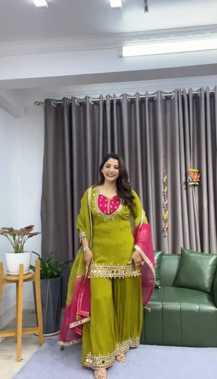 Elegant Party Wear Roman Glass Suit Set with Lace Border Dupatta