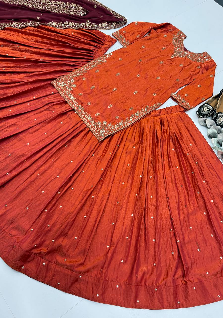 Premium Sindoor Fandy Silk Lehenga Set with Heavy Embroidery Sequence Work