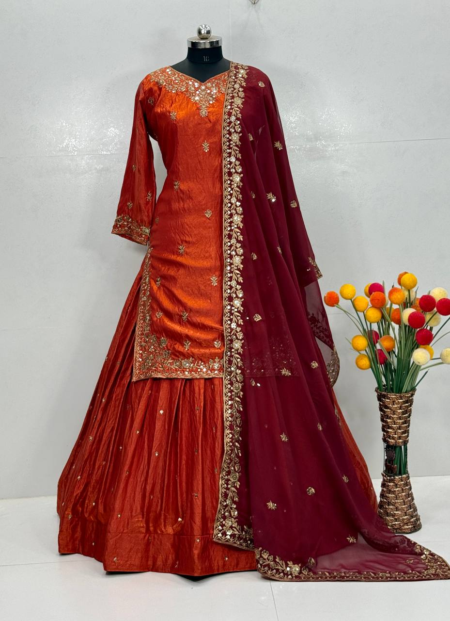 Premium Sindoor Fandy Silk Lehenga Set with Heavy Embroidery Sequence Work