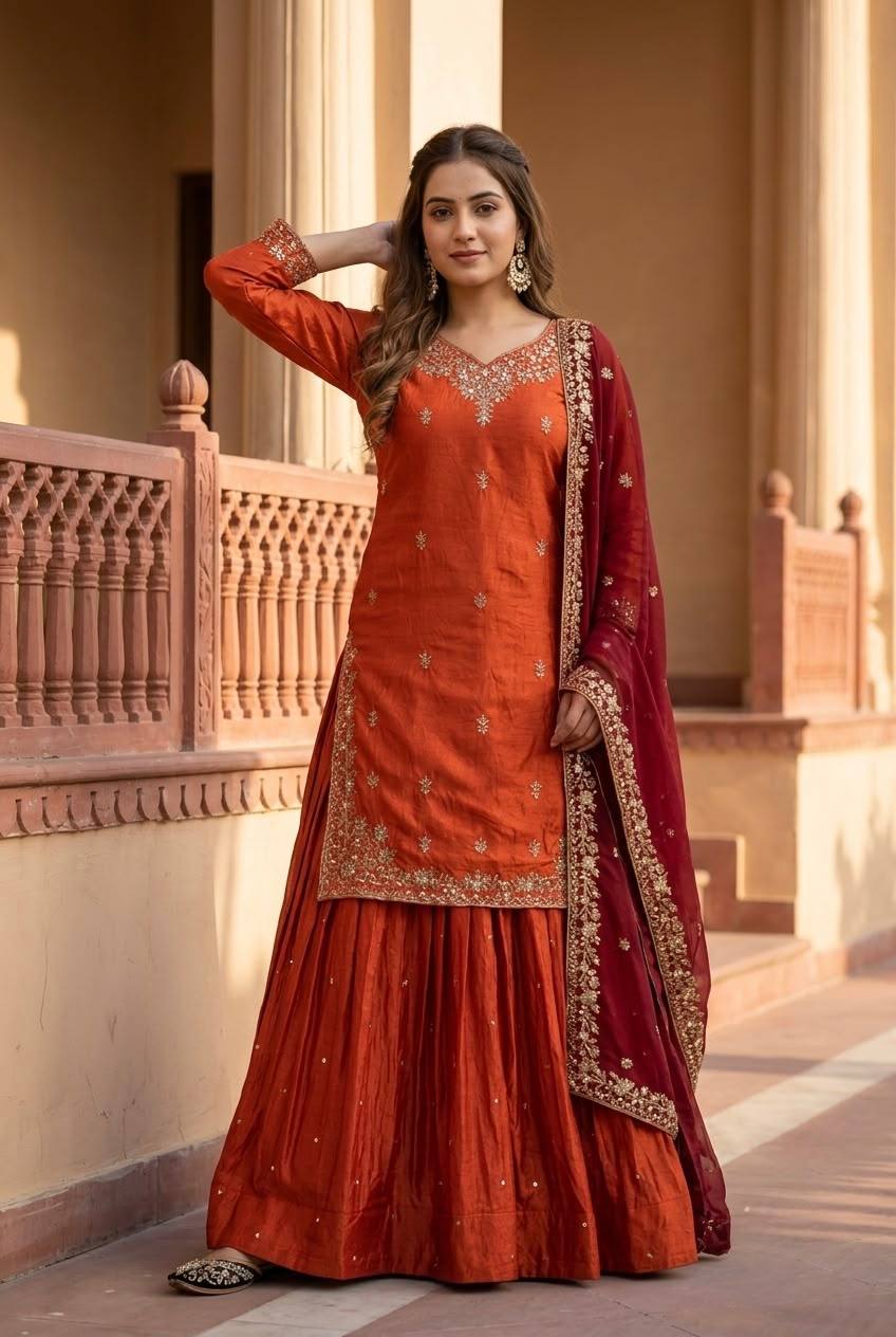 Premium Sindoor Fandy Silk Lehenga Set with Heavy Embroidery Sequence Work
