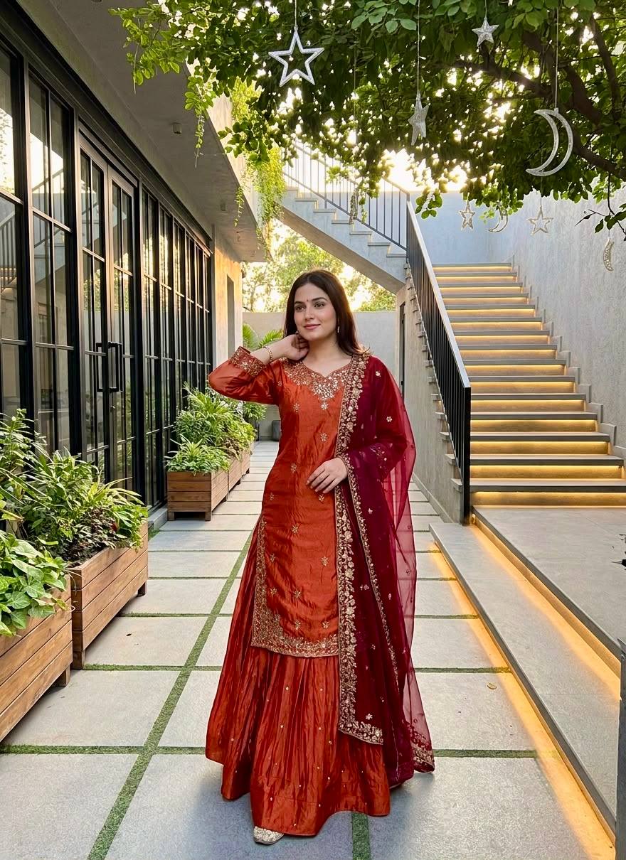 Premium Sindoor Fandy Silk Lehenga Set with Heavy Embroidery Sequence Work