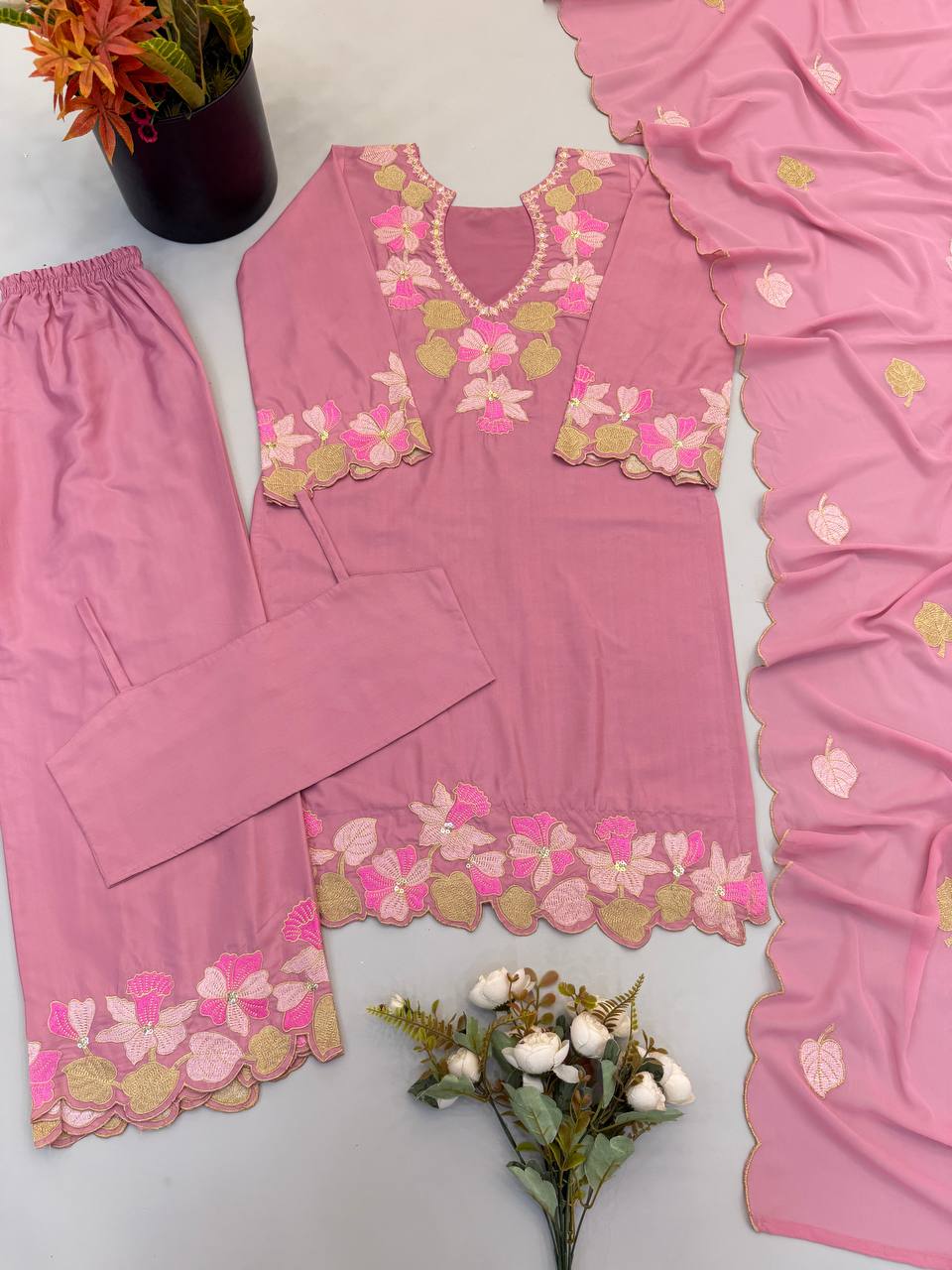 Designer Natural Satin Top Sharara Set with Embroidered Georgette Dupatta