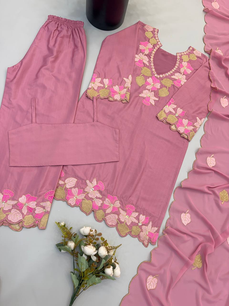 Designer Natural Satin Top Sharara Set with Embroidered Georgette Dupatta