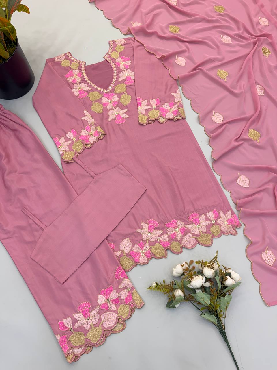 Designer Natural Satin Top Sharara Set with Embroidered Georgette Dupatta
