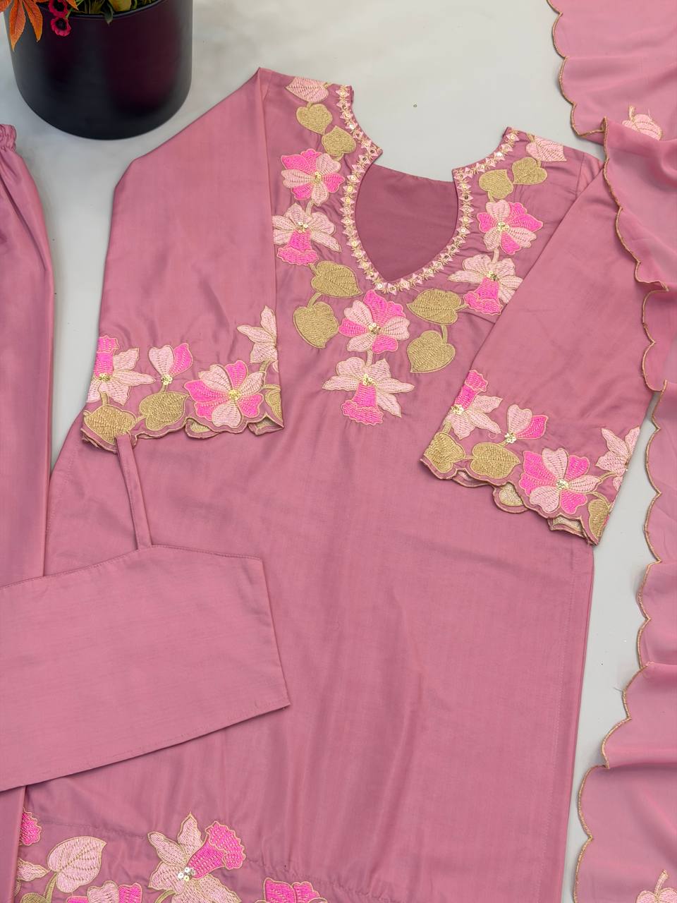 Designer Natural Satin Top Sharara Set with Embroidered Georgette Dupatta