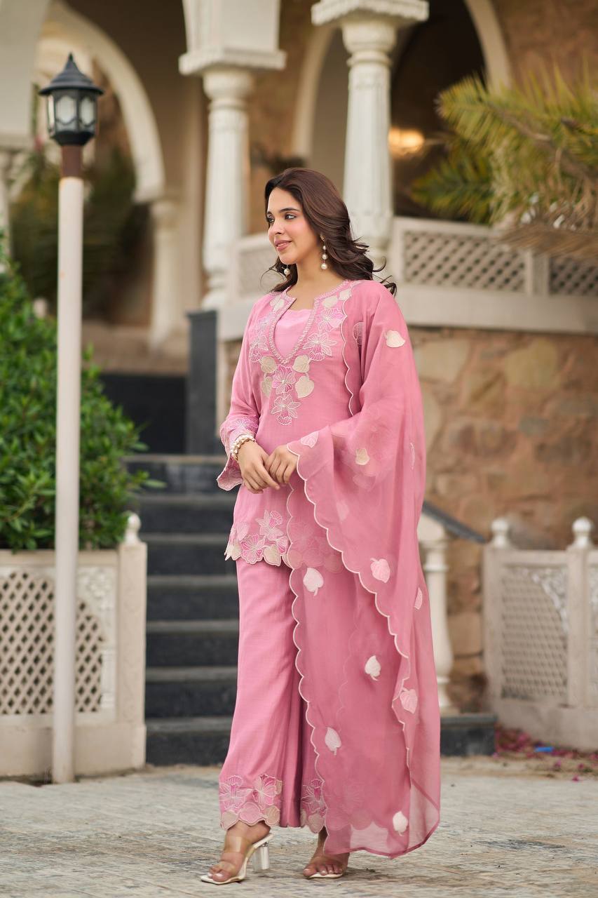 Designer Natural Satin Top Sharara Set with Embroidered Georgette Dupatta