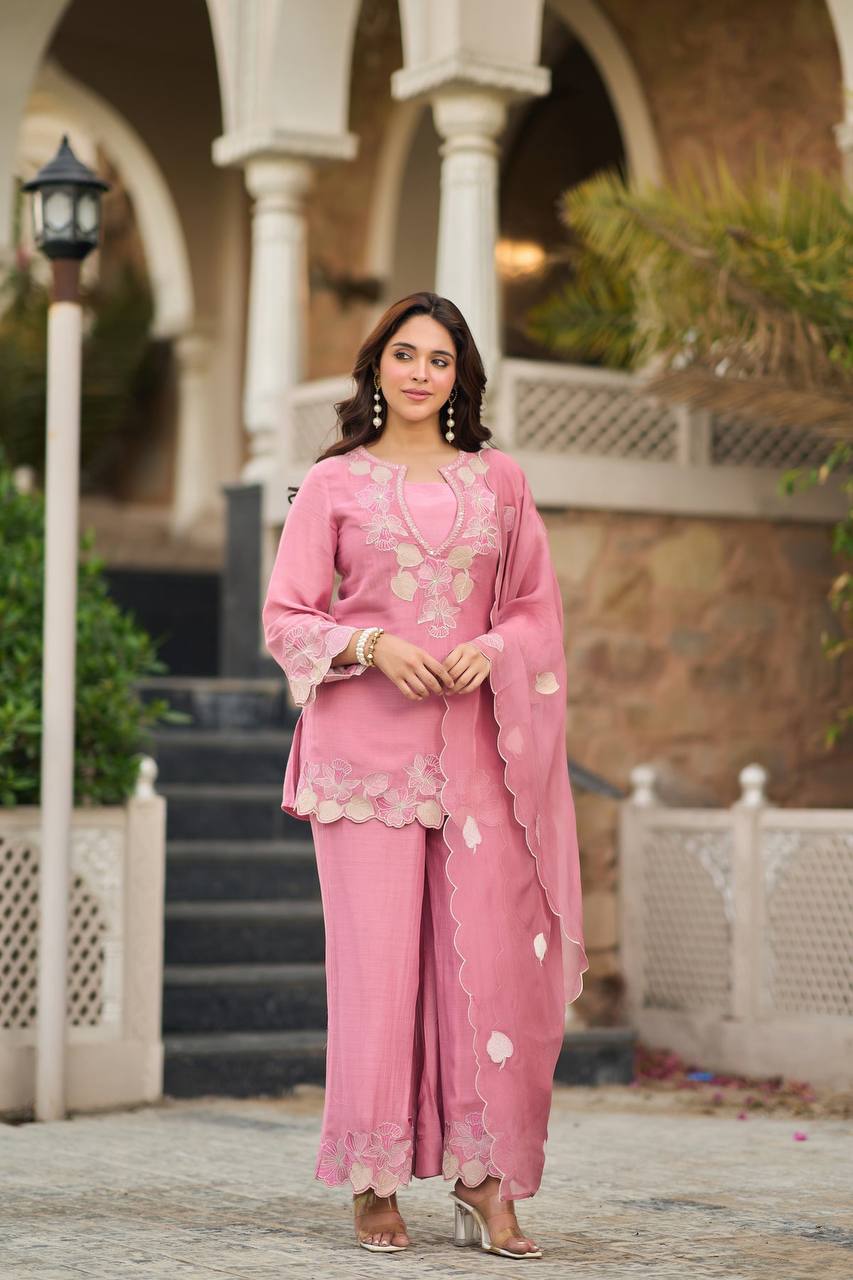 Designer Natural Satin Top Sharara Set with Embroidered Georgette Dupatta