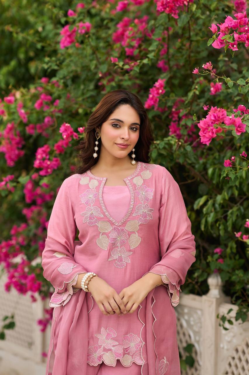 Designer Natural Satin Top Sharara Set with Embroidered Georgette Dupatta