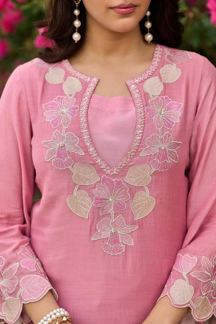 Designer Natural Satin Top Sharara Set with Embroidered Georgette Dupatta