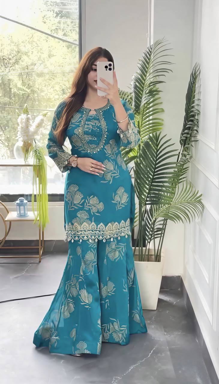 Women's Faux Georgette Sharara Suit Set with Coding Stitch Embroidery