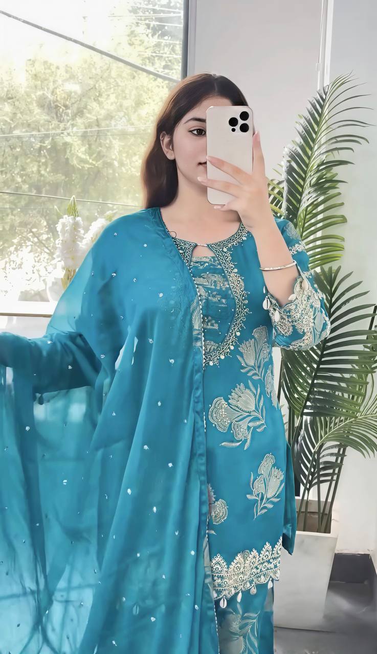 Women's Faux Georgette Sharara Suit Set with Coding Stitch Embroidery